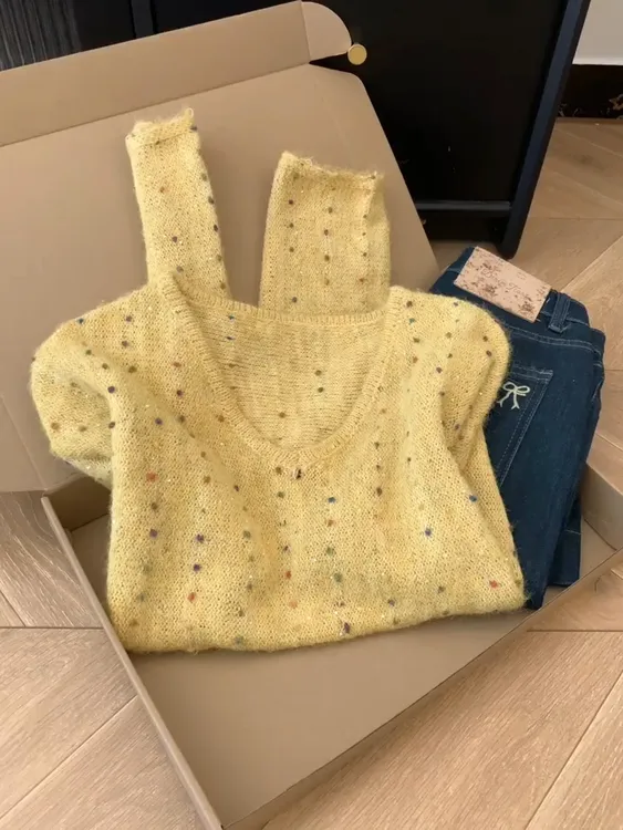 温柔慵懒风黄色V领彩色波点针织衫修身显瘦软糯毛衣早秋韩系穿搭