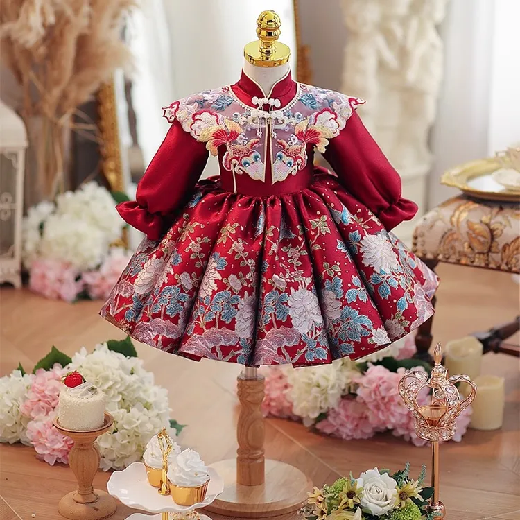 周岁女宝宝礼服婴儿百日宴抓周服红色喜庆公主裙中式唐装拜年服春