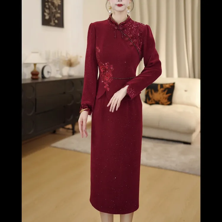 【连衣裙】DLS5Q265加厚改良旗袍轻奢冬新款妈妈装收腰显瘦连衣裙