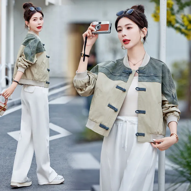 风盘扣短外套女2025秋装新款牛仔拼接新中式棒球服夹克休闲上衣