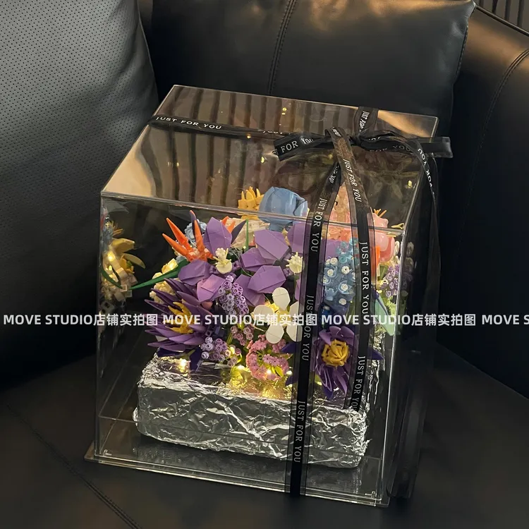  2025新款diy积木花束抱抱桶永生玫瑰花拼装摆件系列女情人节礼物
