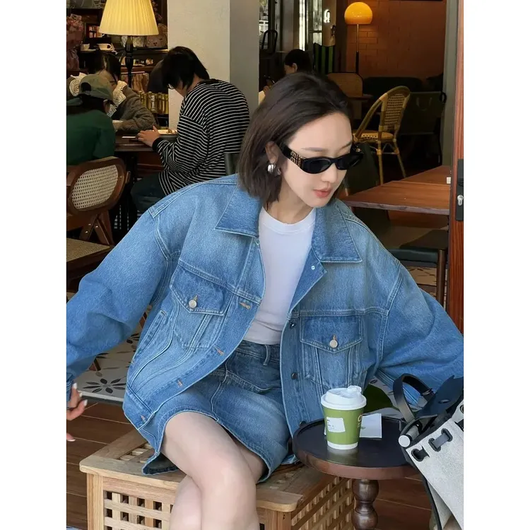 休闲风时尚套装水洗复古洋气蓝色夹克百搭宽松韩版时尚长袖春季