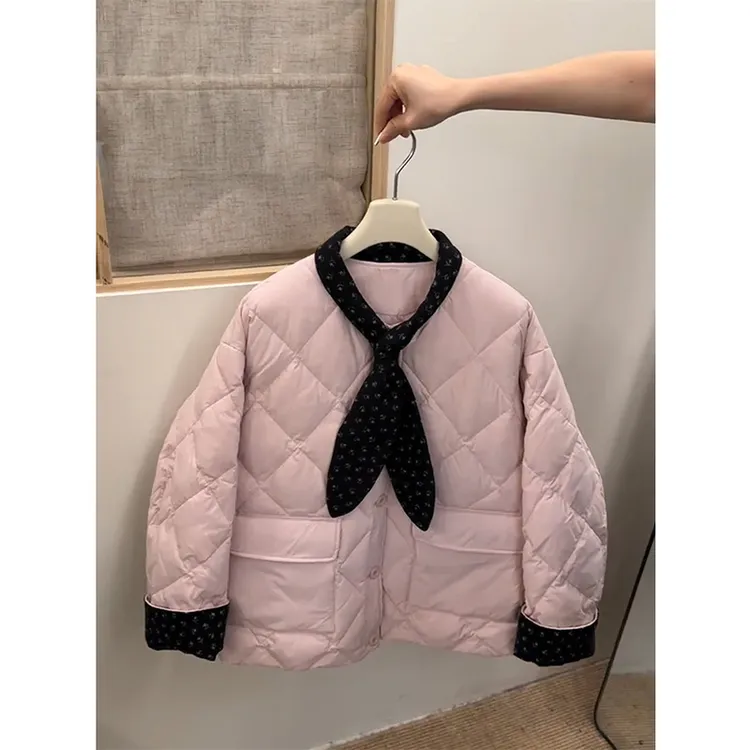 MARIE.COCO少女感减龄粉色短款长袖外套女设计感菱格时尚棉衣棉袄