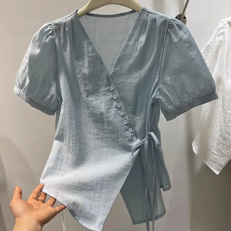 韩系小众V领系带短袖衬衫2025夏季新款女设计感不规则显瘦上衣潮