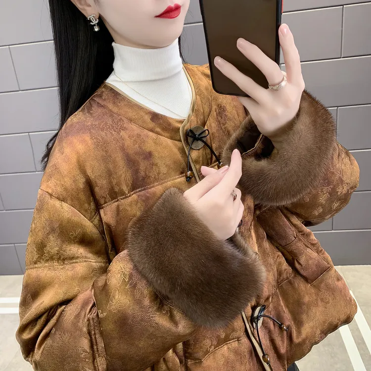 海宁水貂毛皮草2025冬新款中式国风厚款时尚棉服女短款小个子外套