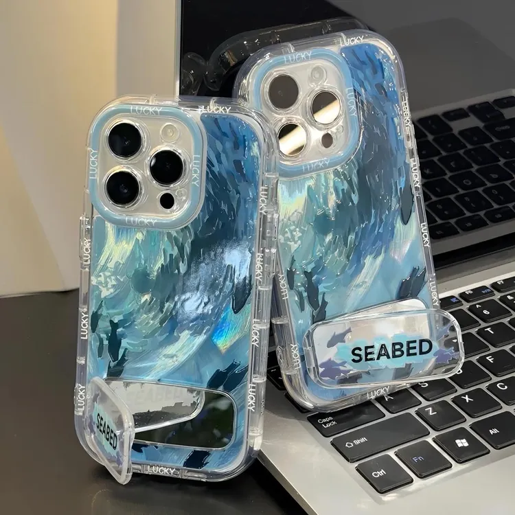 雅天立蓝色深海鱼群镜面支架适用iPhone16手机壳华为vivo小米oppo