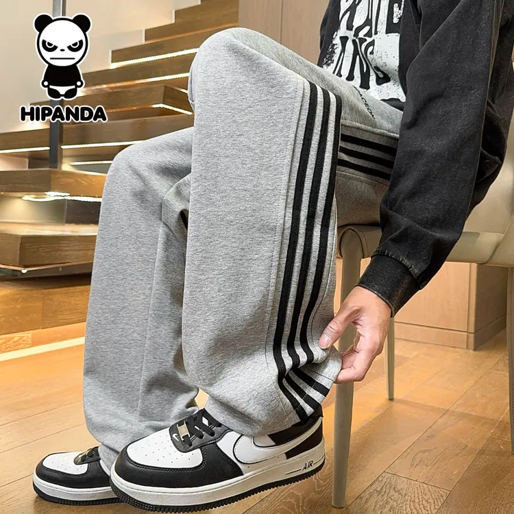 Hi Panda你好熊猫秋冬季加绒美式条纹休闲裤男款潮牌宽松直筒长裤