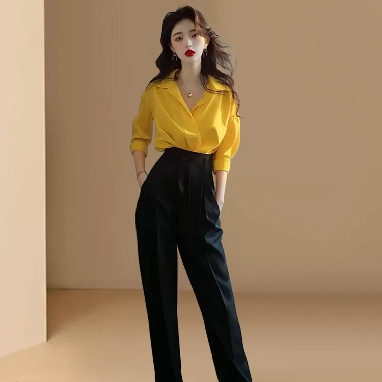 气质高级感轻职场套装女2025春秋新款超火减龄黄色衬衫西裤两件套