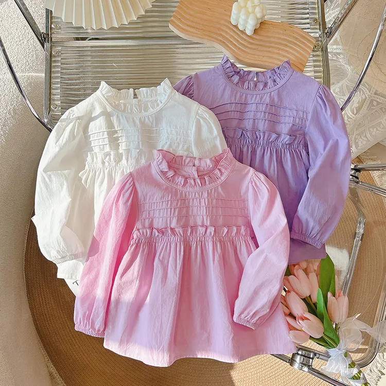 2024新款纯棉女童衬衫衬衣春秋长袖花边圆领娃娃衫洋气甜美公主衫