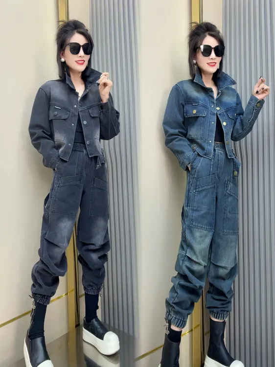 （加绒）复古设计感牛仔外套束脚裤两件套