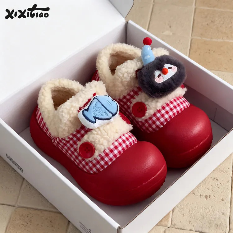 细细条 加绒可爱面包鞋女冬防滑厚底企鹅小鱼时尚乐福豆豆鞋棉鞋