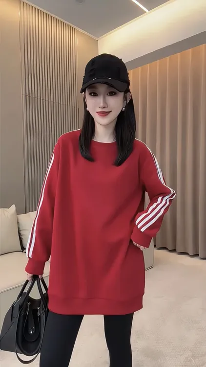 2025秋季新款美式时尚三条杠圆领长袖卫衣女运动休闲宽松上衣卫衣
