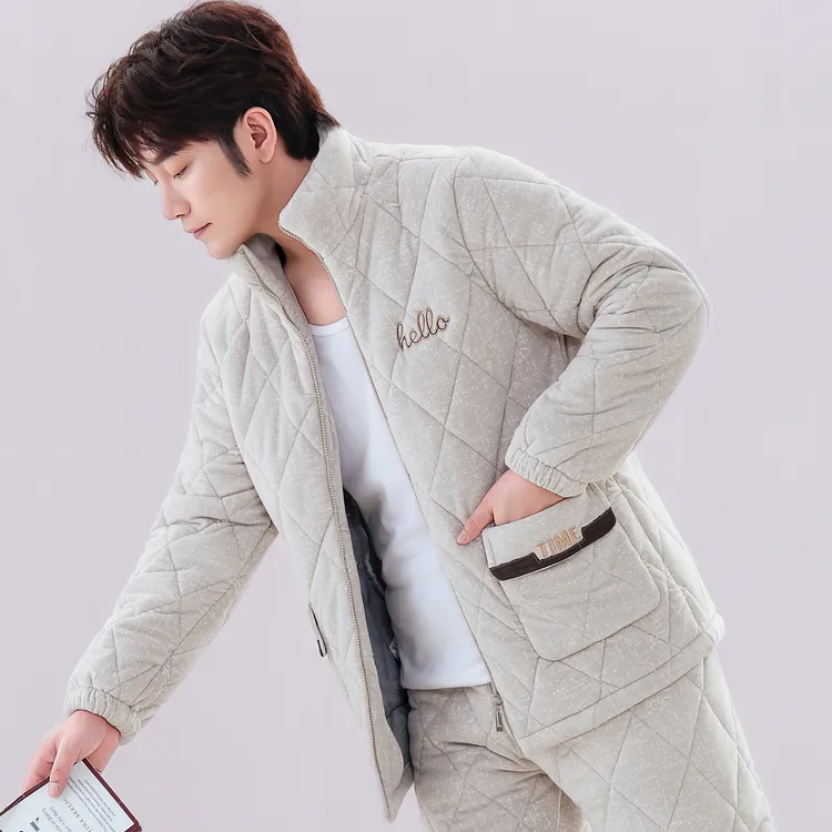 睡衣男冬季秋冬季三层夹棉加厚加绒男士珊瑚保暖法兰绒家居服套装