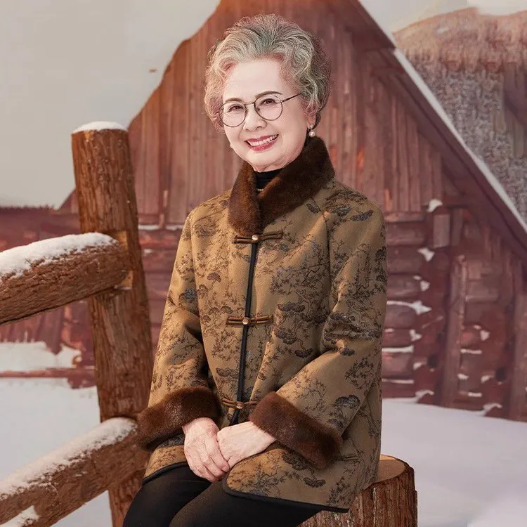 老年人冬装女加绒奶奶外套国风妈妈唐装皮毛一体大衣新款老人衣服