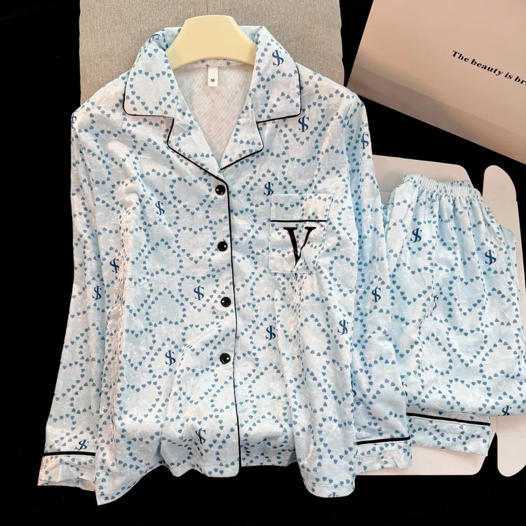 睡衣女秋冬款金丝绒厚款长袖蓝色爱心轻奢高级感大翻领家居服套装