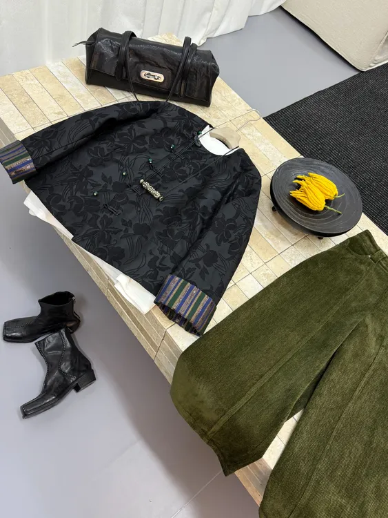 【隼】设计师款新中式短外套复古厚款单排扣冬季提花长袖棉外套