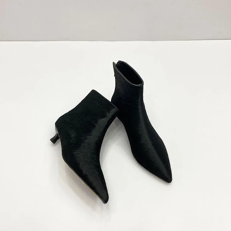【跟高3.5CM】马毛气质尖头短靴女低跟时尚瘦瘦靴百搭裸靴黑色