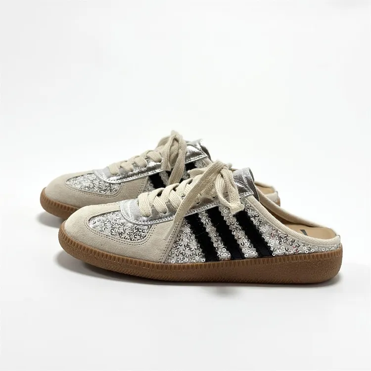 银色亮片平底系带德训鞋女夏外穿无后跟包头半拖鞋真皮透气凉拖鞋