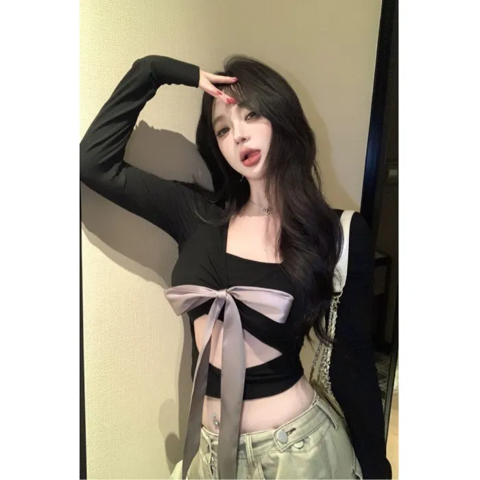 纯欲性感辣妹V领绑带拼接不规则短款T恤修身显瘦长袖设计感上衣