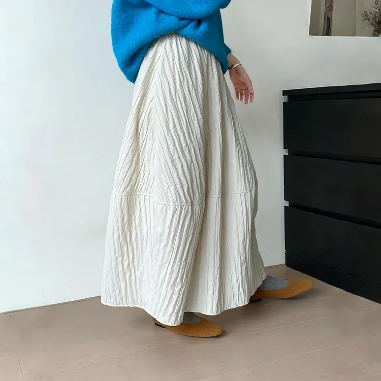 棉感花苞裙半身裙日系秋冬季绗线百搭保暖显瘦复古洋气半身裙子