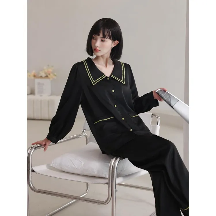 SUAM RUO睡衣女春秋夏季冰丝长袖长裤简约时尚薄款休闲家居服套装