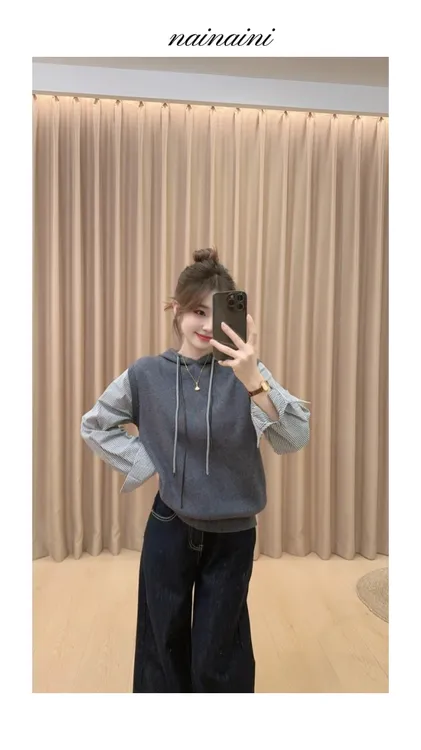 奈奈妮【柏林秋日】针织假两件上衣女2025秋冬拼接连帽百搭25602