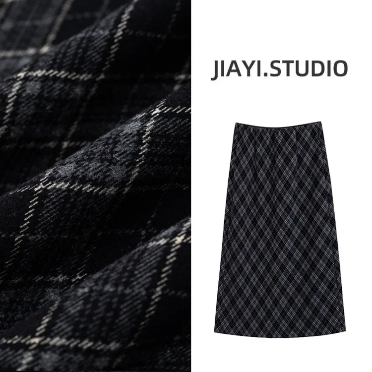 珈艺大码松紧斜裁格子松紧腰显瘦时尚复古绵羊毛桑蚕丝半身裙M530