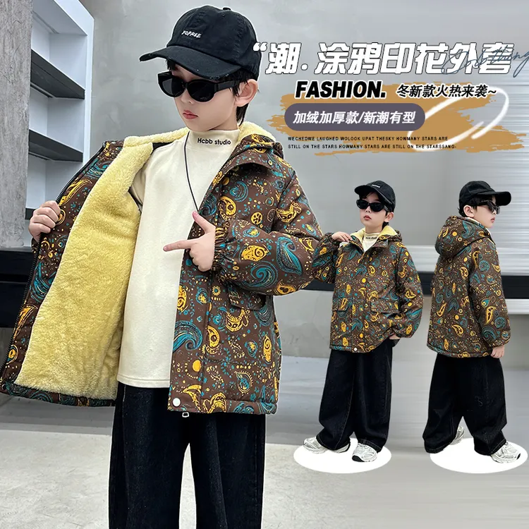男童迷彩夹克加绒连帽外套冬季休闲棉服棉袄冬炸街外套上衣加厚褂