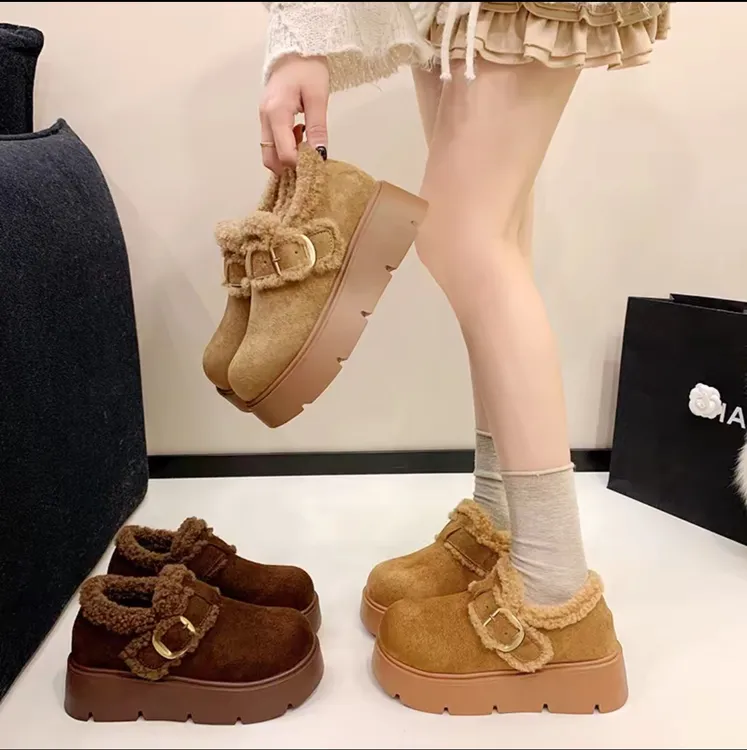 牛皮女鞋勃肯鞋女冬季加绒保暖厚底毛毛鞋加厚厚底棉鞋