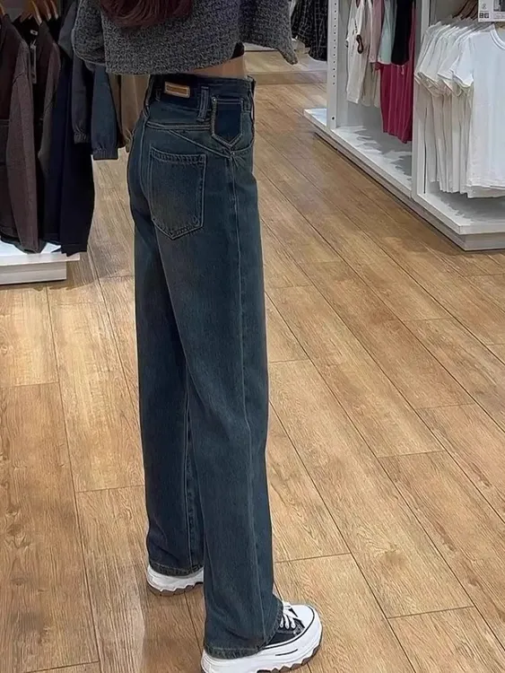 复古窄版阔腿牛仔裤女秋冬新款休闲胖mm高腰显瘦时尚设计感直筒裤