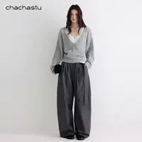 CHACHASTU【衣橱】绑带弯刀裤新增 极简通勤笔挺廓形深灰色K72-1