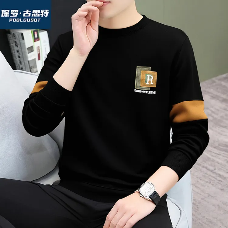 保罗·古思特秋季新款男士长袖卫衣时尚潮流刺绣春秋款宽松打底衫