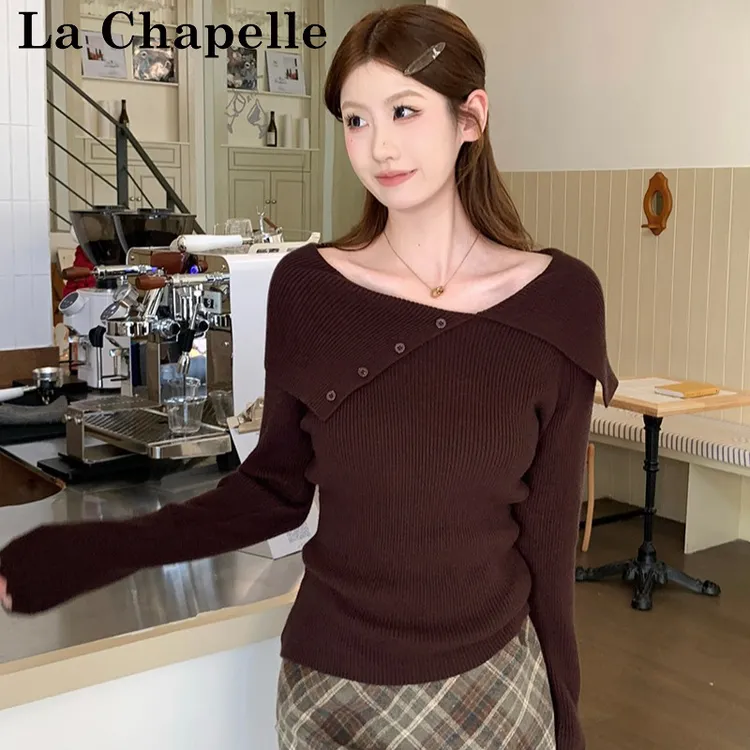 拉夏贝尔黑色不规则修身内搭毛衣女可外穿秋冬款纯欲露肩针织上衣