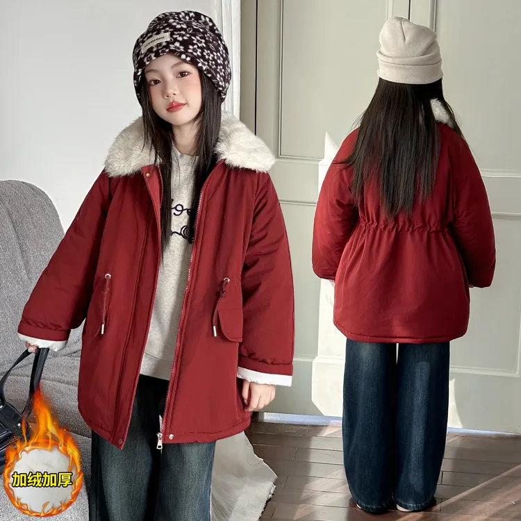 女童冬装派克服加绒加厚超好看韩系中长款风衣儿童装冬季棉袄外套