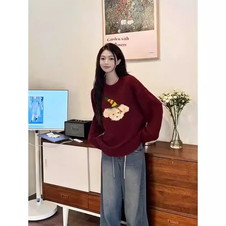 酒红色毛衣男女秋冬2025新款美式慵懒chic宽松百搭圆领套头针织衫