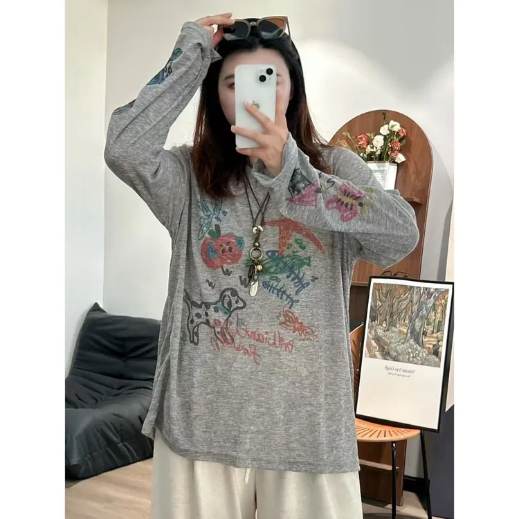 【咔咔】狗狗心事-常规长袖防晒印花慵懒风T恤百搭秋季女士K0362