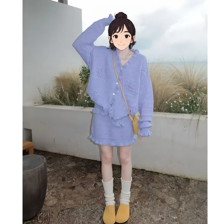 立体手工钩花花朵开衫短裙套装女士2025秋季新款小香风两件套装