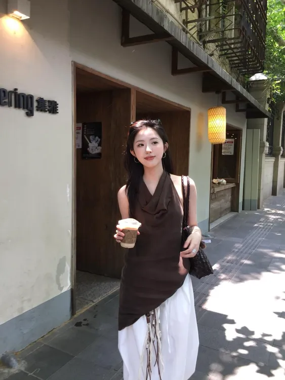 夏季韩系纯欲风显瘦复古小众女装挂脖上衣休闲百搭裤子气质套装