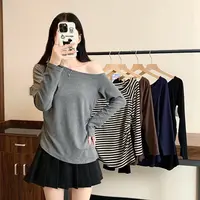 【wy】2025大码女装秋季新款斜肩条纹显瘦长袖上衣 3726