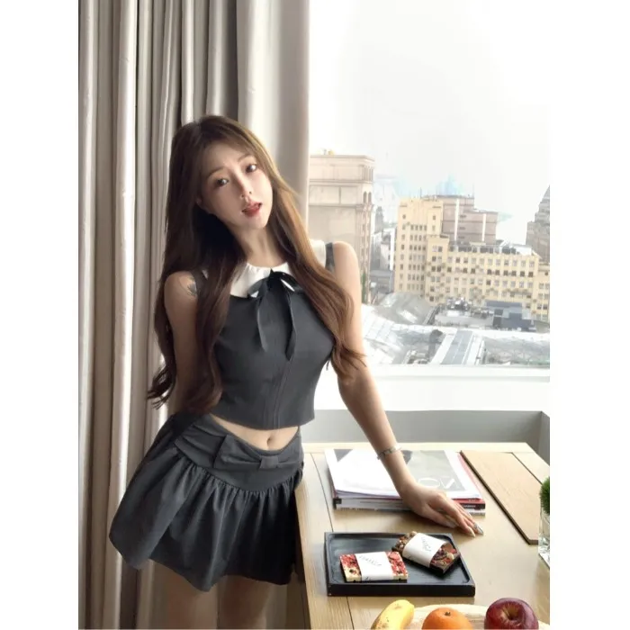 miu系高知穿搭套装撞色娃娃领无袖背心女夏季蝴蝶结半身裙两件套