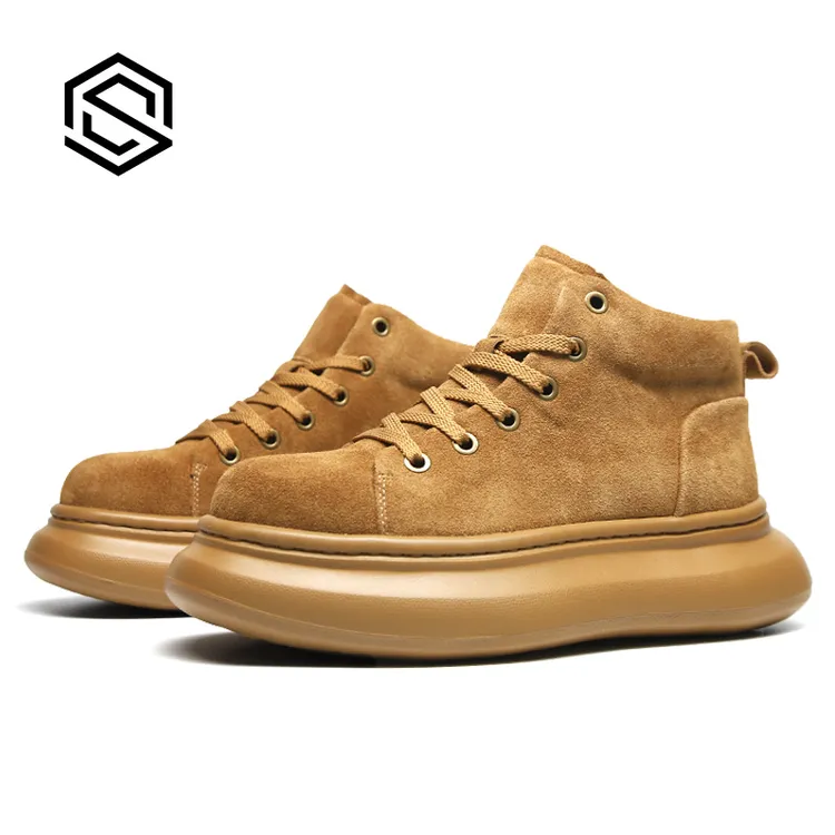 欧说高帮增高百搭圆头纯色休闲男士板鞋系带加绒厚底秋季运动鞋