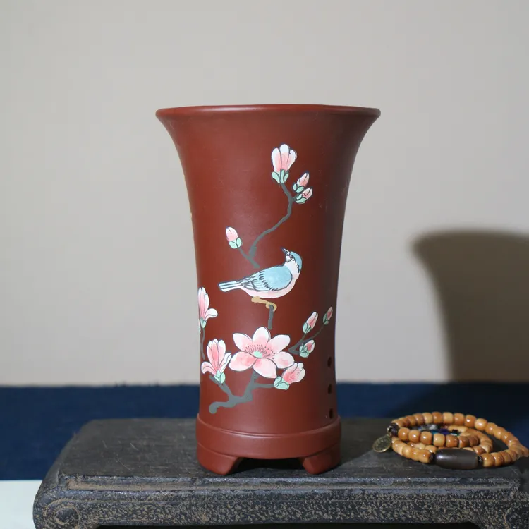 紫砂花盆朱泥大红袍手工盆景盆兰花盆兰盆泥绘贴绘中国风古典盆栽