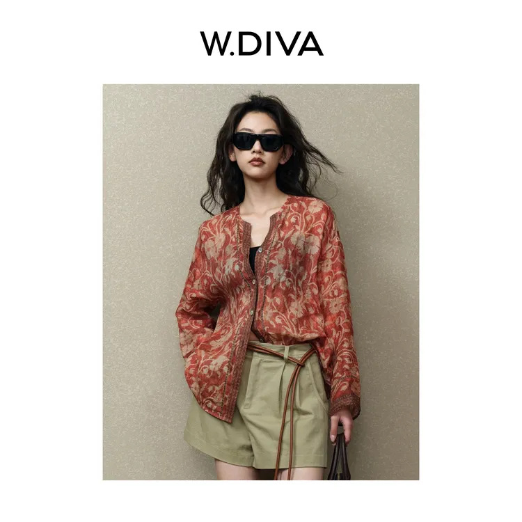 W.Diva【尖东浪人】100苎麻时尚感品质V领定位花长袖衬衫51S181822