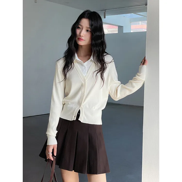 【jisoo风假两件】韩系通勤POLO领针织衫女装秋季新款上衣X8207F