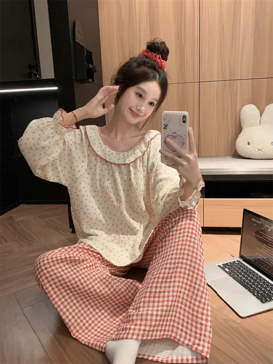 韩版甜美可爱纯棉纱布睡衣女秋季新款碎花长袖粉格长裤家居服套装