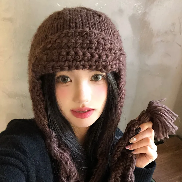咖色针织护耳帽女秋冬季保暖雷锋帽显脸小大头围加厚防寒毛线帽子