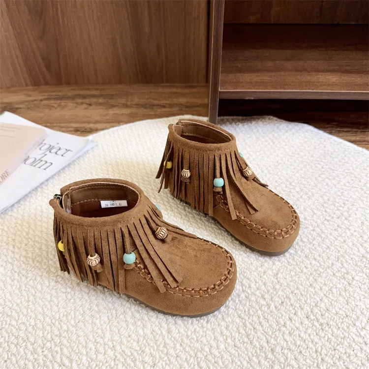 女童短靴2025秋季新款小女孩民族流苏单靴废墟风透气中大童马丁靴