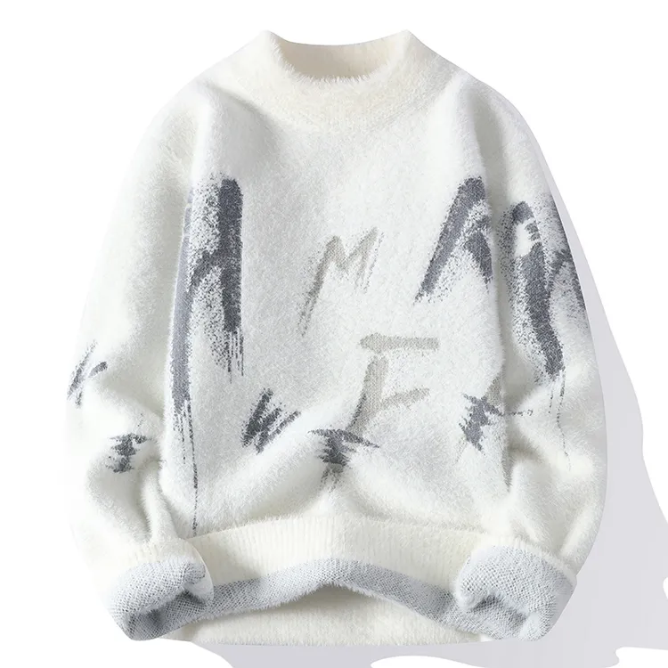 水貂绒加绒男士毛衣秋冬季潮牌针织打底衫加厚潮流上衣百搭毛线衣