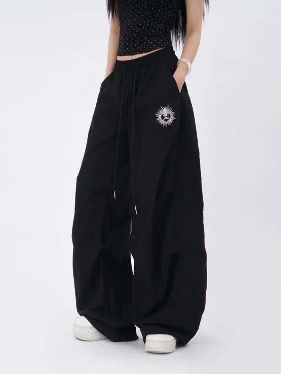 美式街头爵士舞运动裤女高腰宽松大板型香蕉裤印花两穿拖地弯刀裤