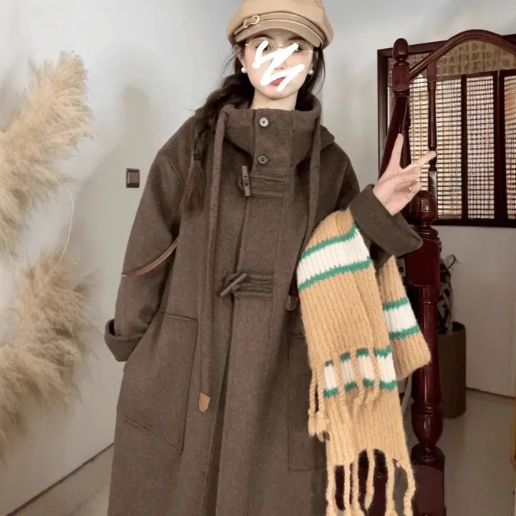 首尔学院2025秋韩版连帽牛角扣阔版高级感加长双面品质大衣厚